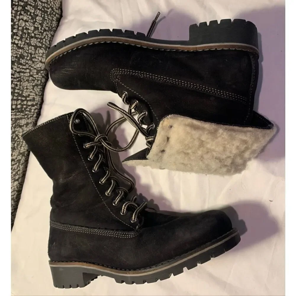 Bos & Co Colby Wool Lined Waterproof Shearling black Suede Boots sz 39 8.5